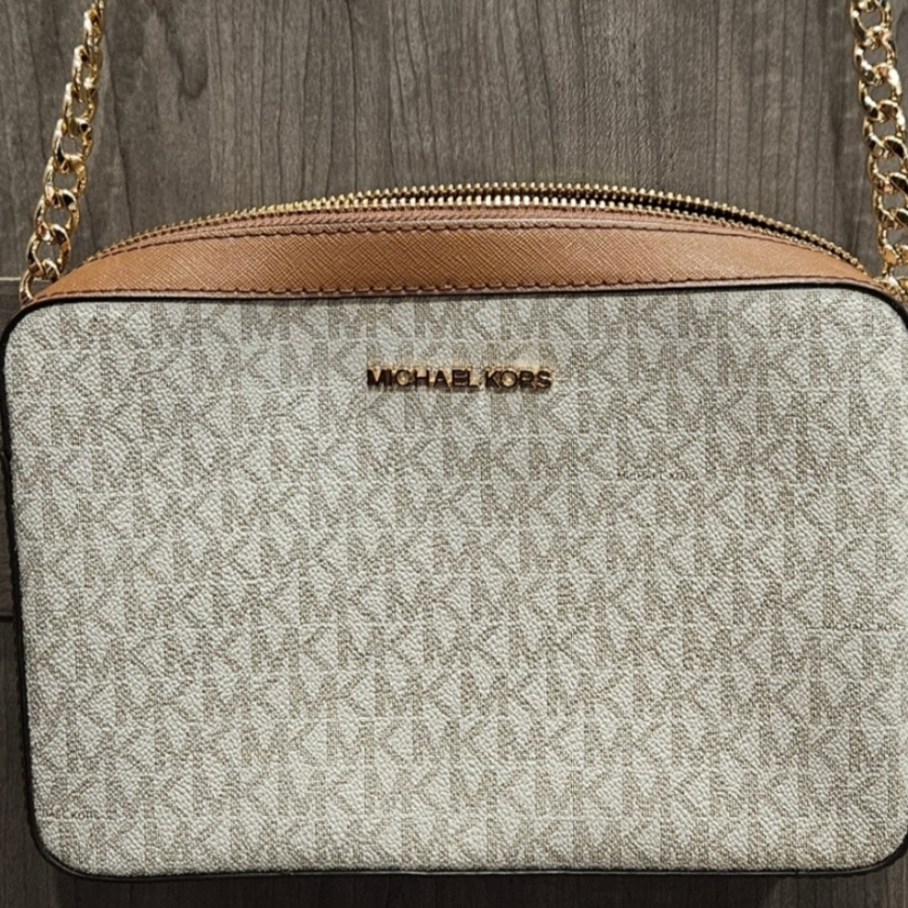 Michael Kors Cream and Tan Crossbody Bag with Gold Accents
